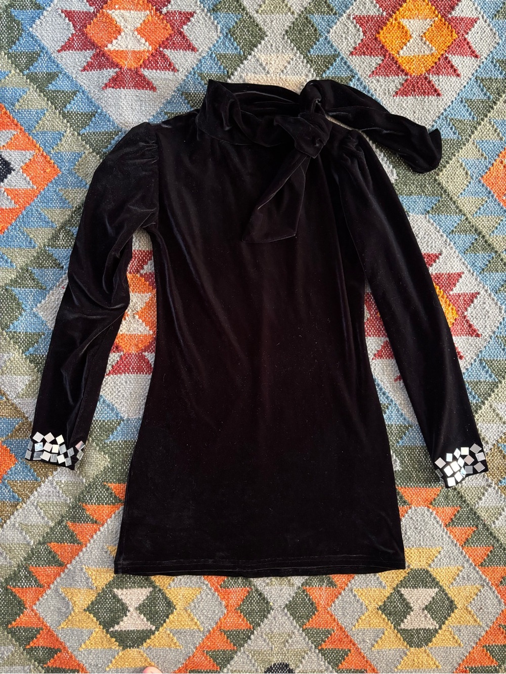 Vintage Black Stretch Velour Long-Sleeve Bow-Neck Dress Mirror Jewel Cuffs